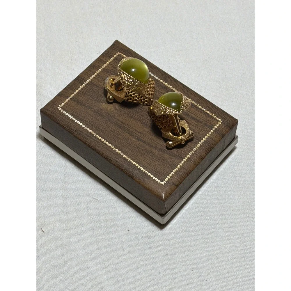 Swank Vintage Mens Wrap Cufflinks Green Cats Eye Gold Tone Mesh With Box MCM